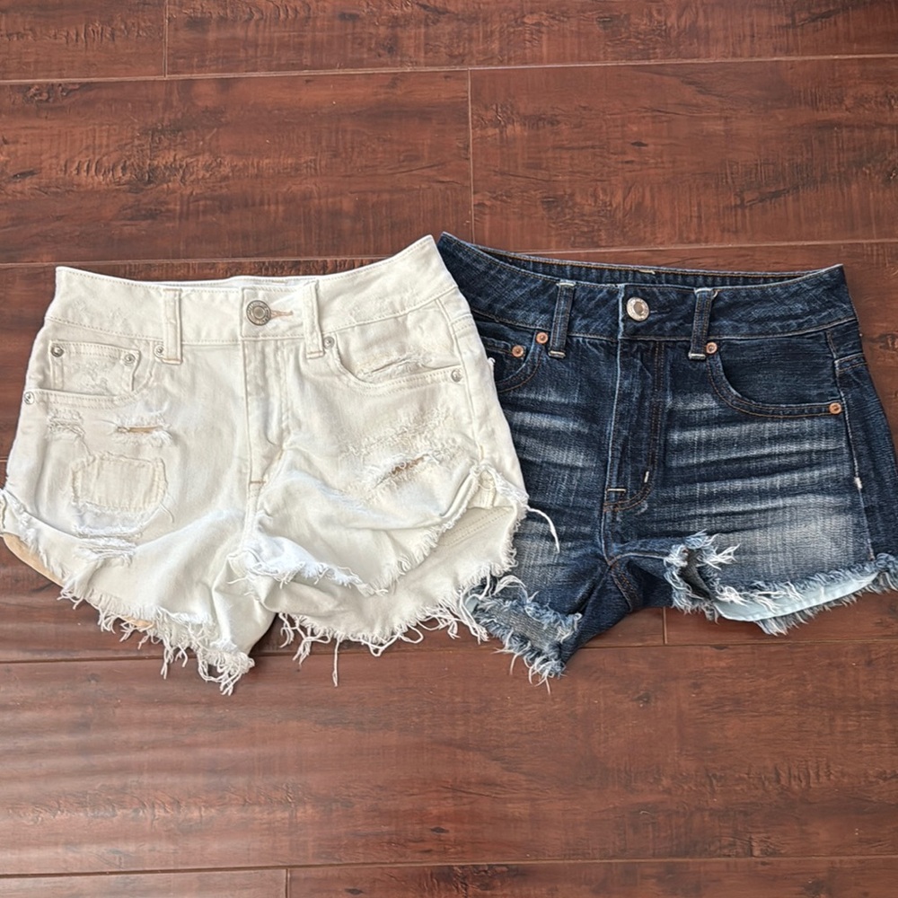 American Eagle Hi-Rise Festival Jean Shorts, White & Dark Blue, Size 00